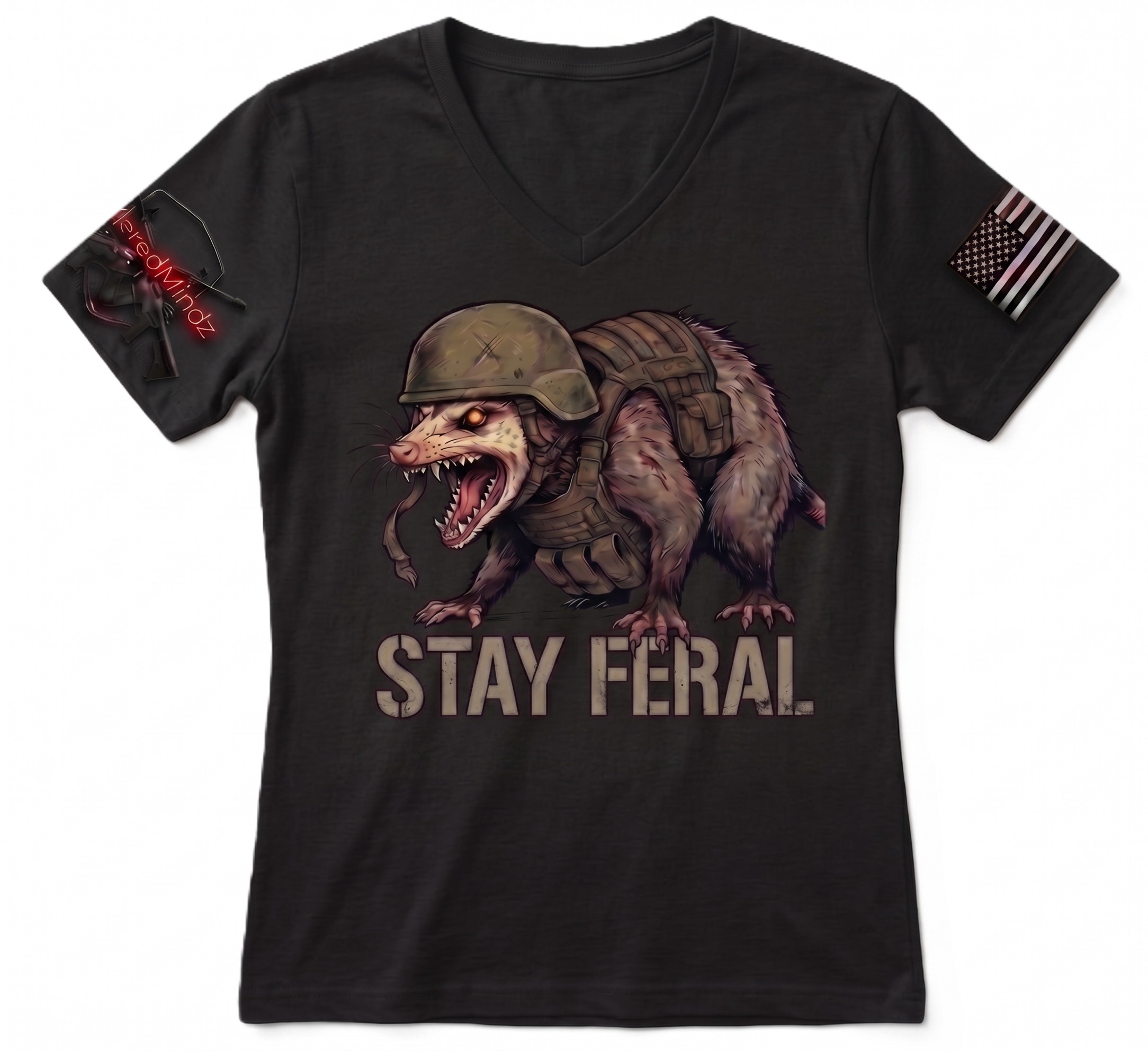 Stay Feral V2— Tactical Opossum Women's V-Neck Tee